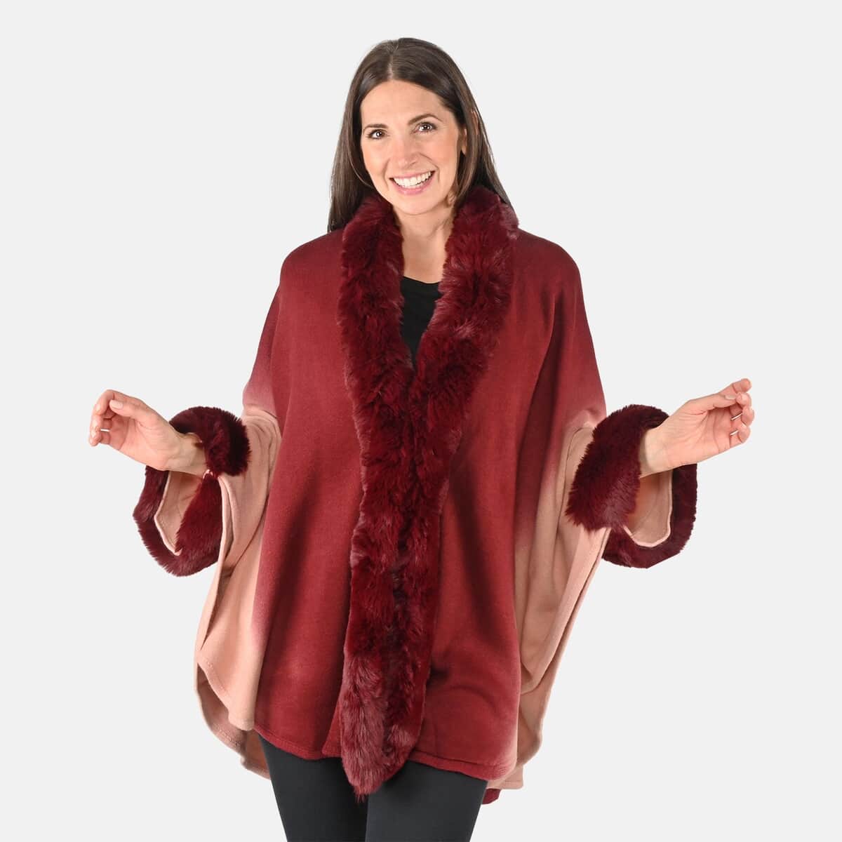 Tamsy Burgundy Ombre Cape with Faux Fur Trim - One Size Fits Most image number 3