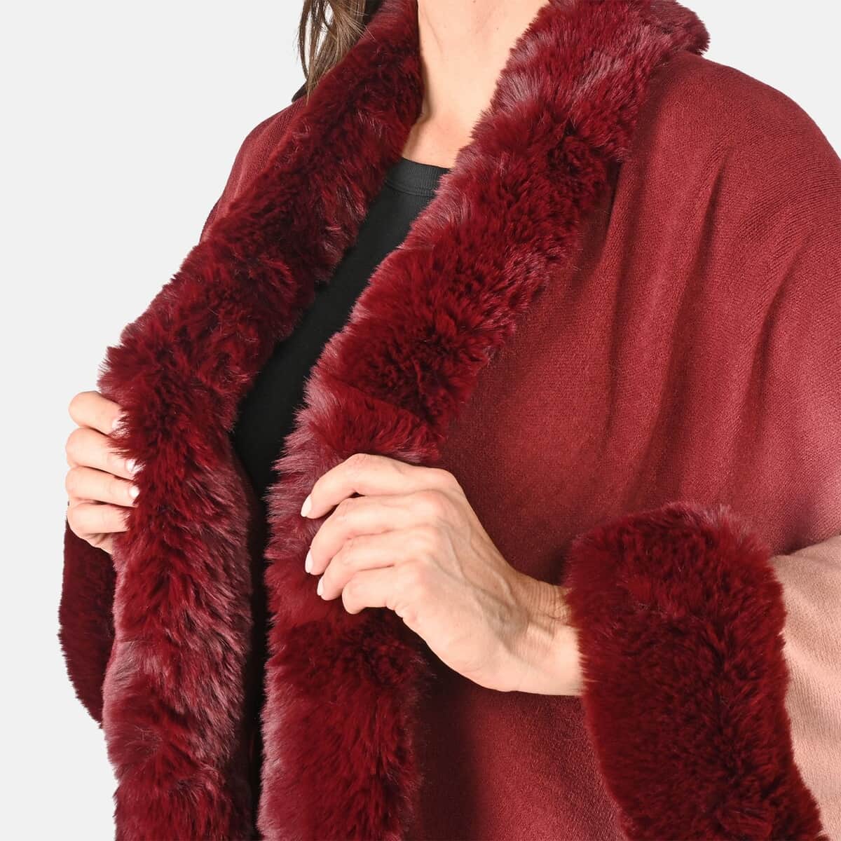 Tamsy Burgundy Ombre Cape with Faux Fur Trim - One Size Fits Most image number 4