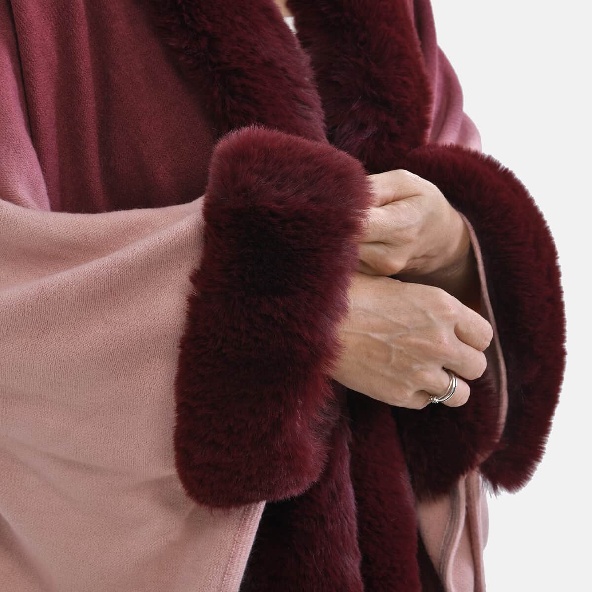 Tamsy Burgundy Ombre Cape with Faux Fur Trim - One Size Fits Most image number 5