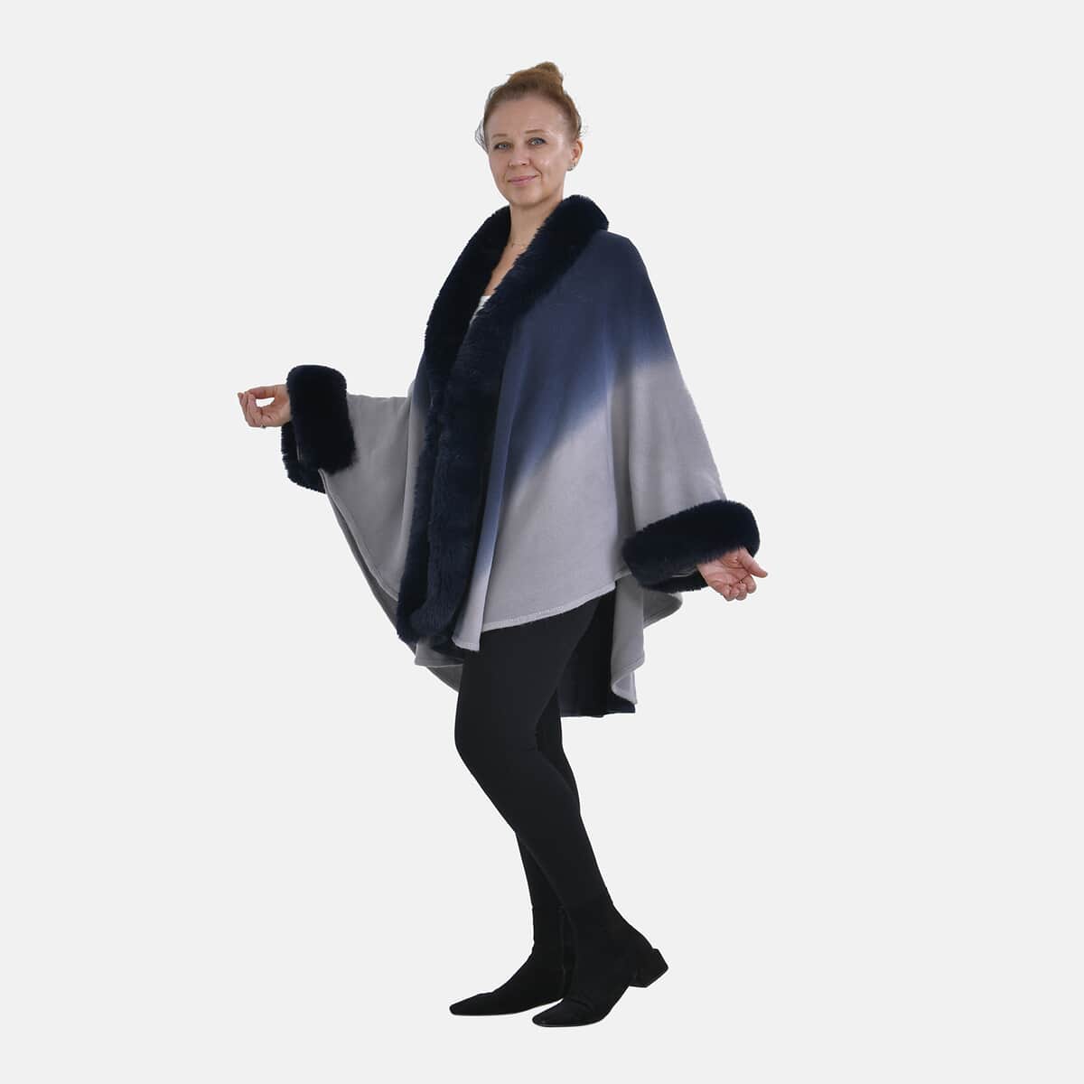Tamsy Blue Ombre Cape with Faux Fur Trim - One Size Fits Most image number 0
