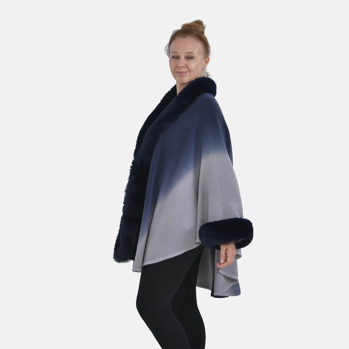 Tamsy Blue Ombre Cape with Faux Fur Trim - One Size Fits Most image number 2