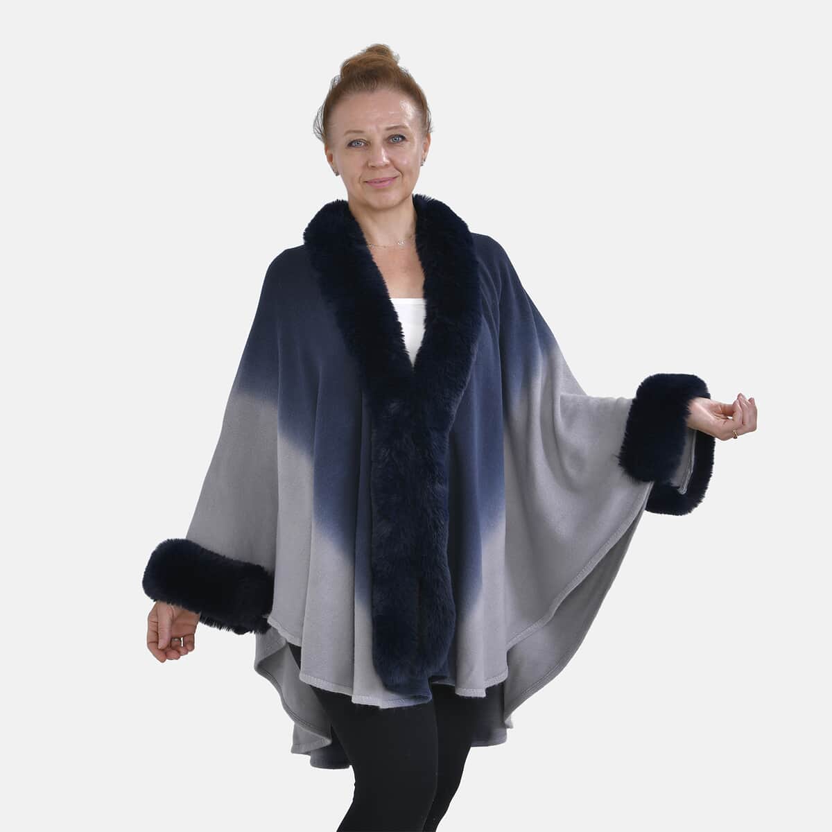 Tamsy Blue Ombre Cape with Faux Fur Trim - One Size Fits Most image number 3