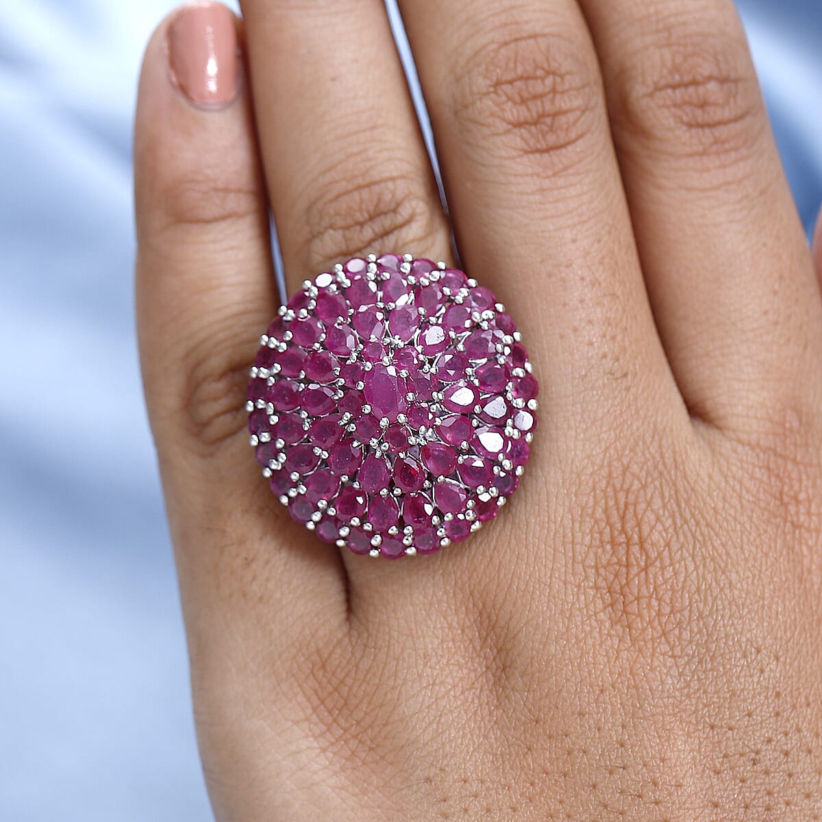Niassa Ruby (FF) Floral Ring in Platinum Over Sterling Silver (Size 6.0) 14.00 ctw image number 2