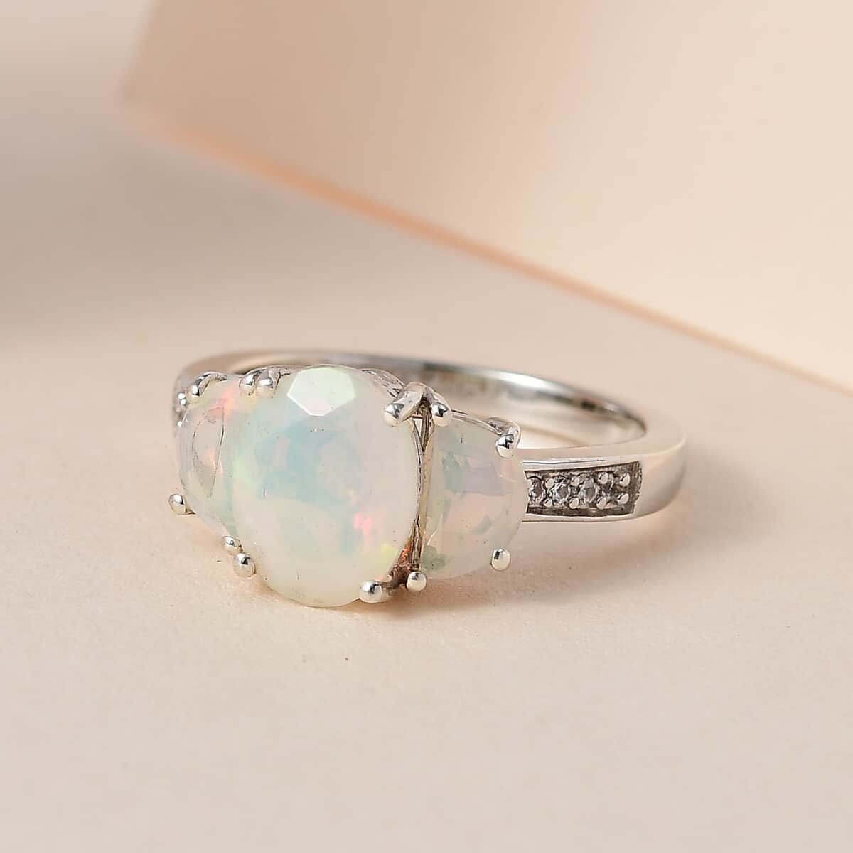 Premium Ethiopian Welo Opal and White Zircon Ring in Platinum Over Sterling Silver (Size 10.0) 1.85 ctw image number 1