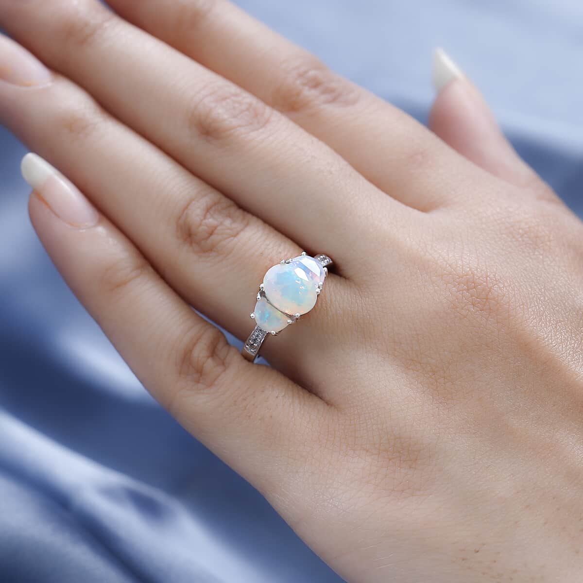 Premium Ethiopian Welo Opal and White Zircon Ring in Platinum Over Sterling Silver (Size 10.0) 1.85 ctw image number 2