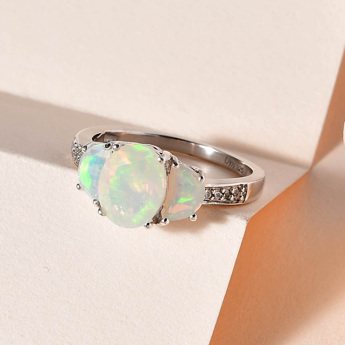 Premium Ethiopian Welo Opal and White Zircon Ring in Platinum Over Sterling Silver 1.85 ctw image number 1