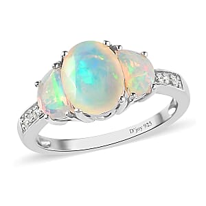 Premium Ethiopian Welo Opal and White Zircon Ring in Platinum Over Sterling Silver (Size 6.0) 1.85 ctw