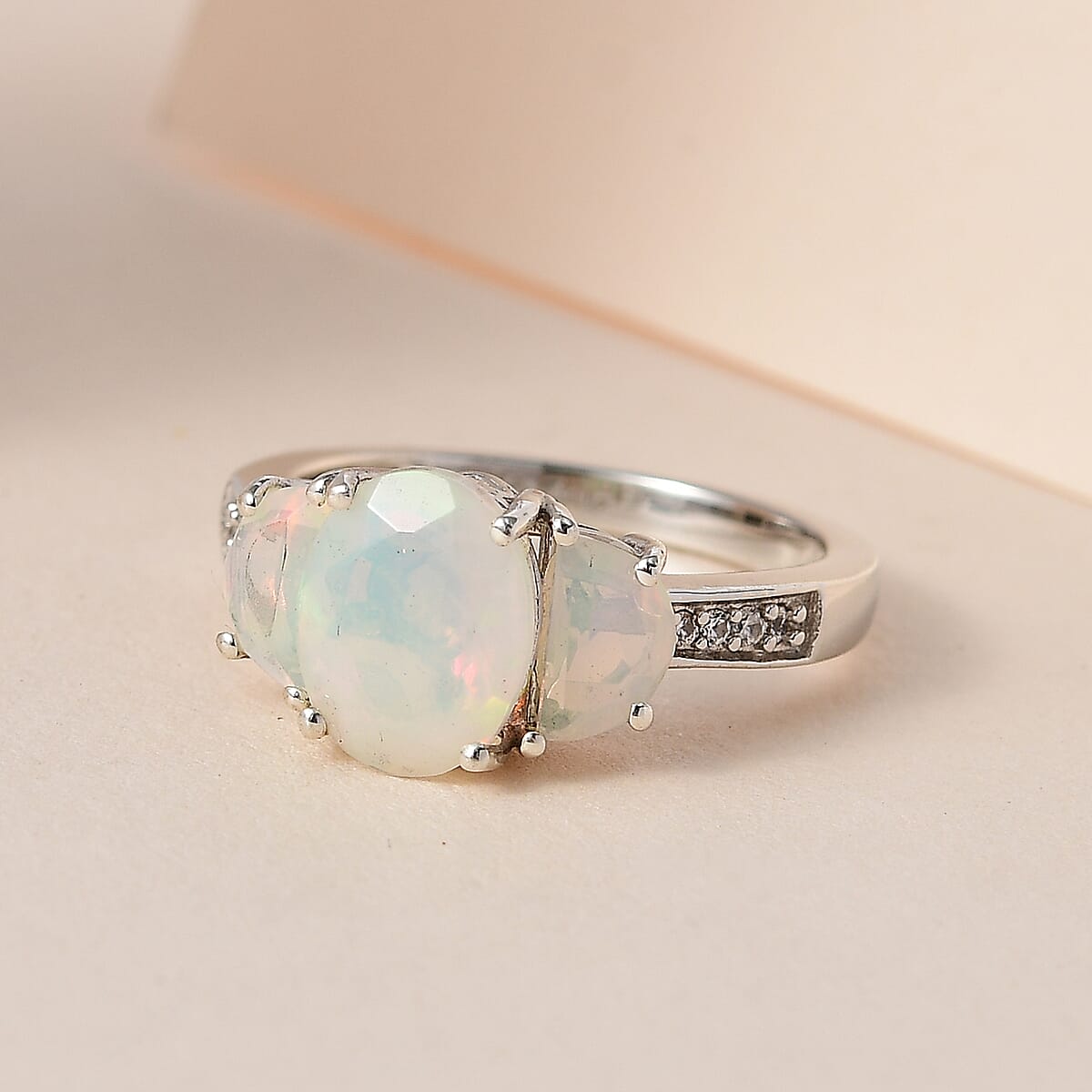 Premium Ethiopian Welo Opal and White Zircon Ring in Platinum Over Sterling Silver (Size 6.0) 1.85 ctw image number 1