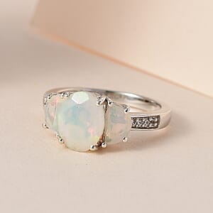 Premium Ethiopian Welo Opal and White Zircon Ring in Platinum Over Sterling Silver (Size 6.0) 1.85 ctw