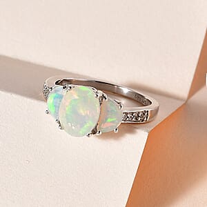 Premium Ethiopian Welo Opal and White Zircon Ring in Platinum Over Sterling Silver (Size 7.0) 1.85 ctw