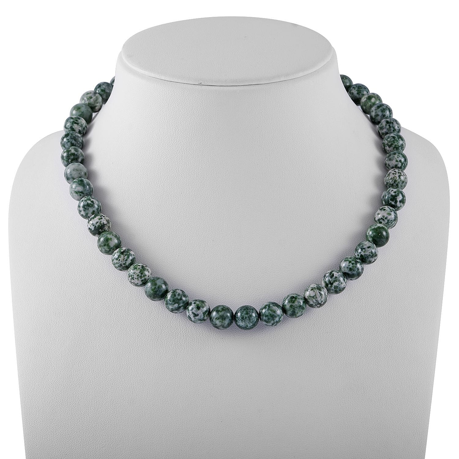 Green Spot Jasper Beaded Necklace 18 Inches in Sterling Silver 350.00 ctw