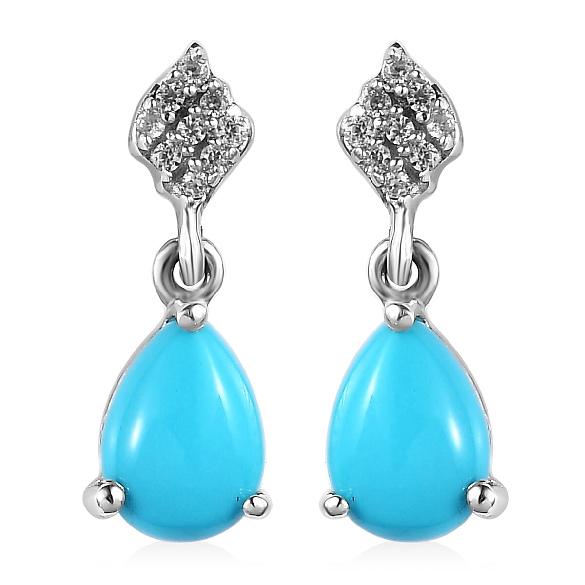 Premium Sleeping Beauty Turquoise and White Zircon Drop Earrings in Platinum Over Sterling Silver 1.35 ctw