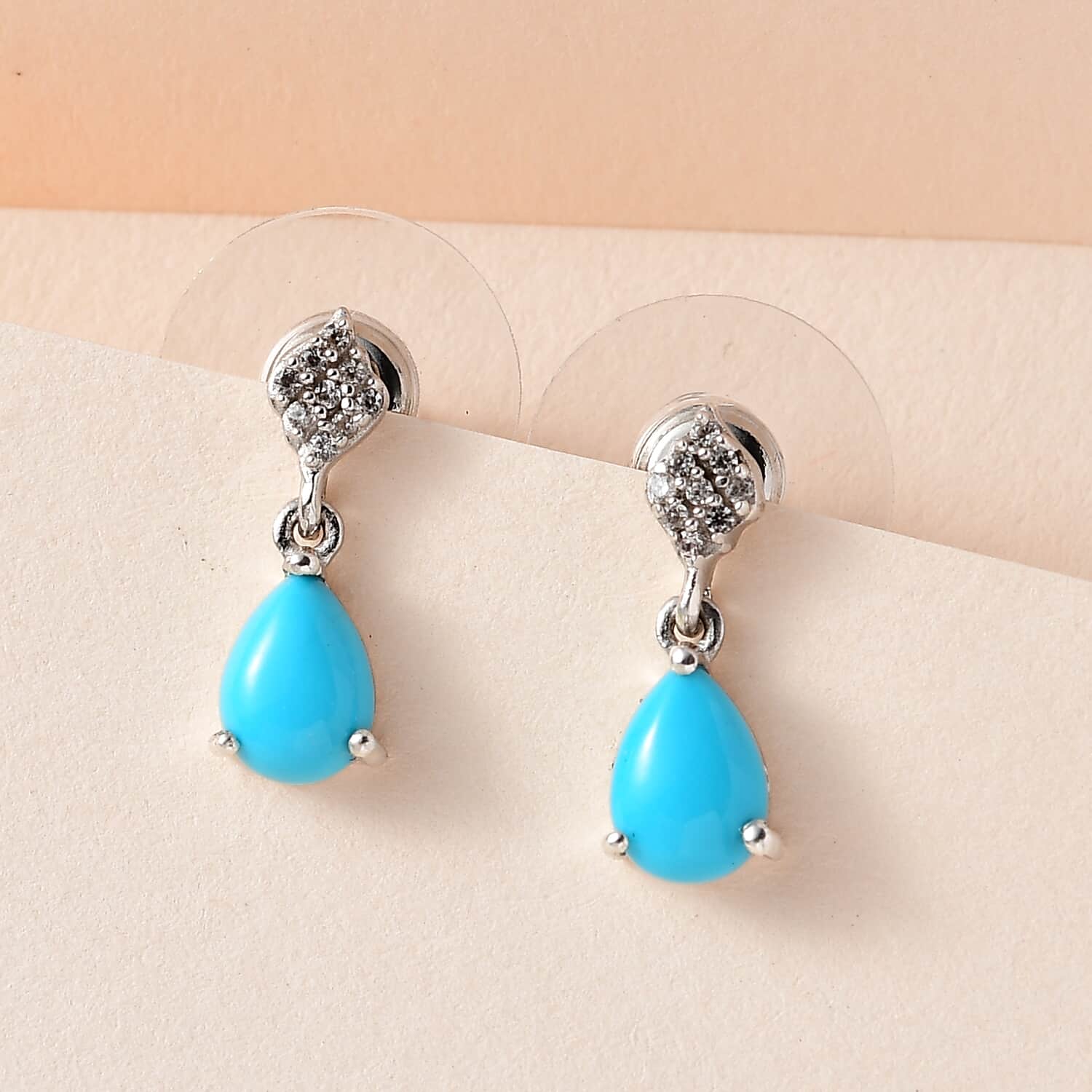 Premium Sleeping Beauty Turquoise and White Zircon Drop Earrings in  Platinum Over Sterling Silver 1.35 ctw