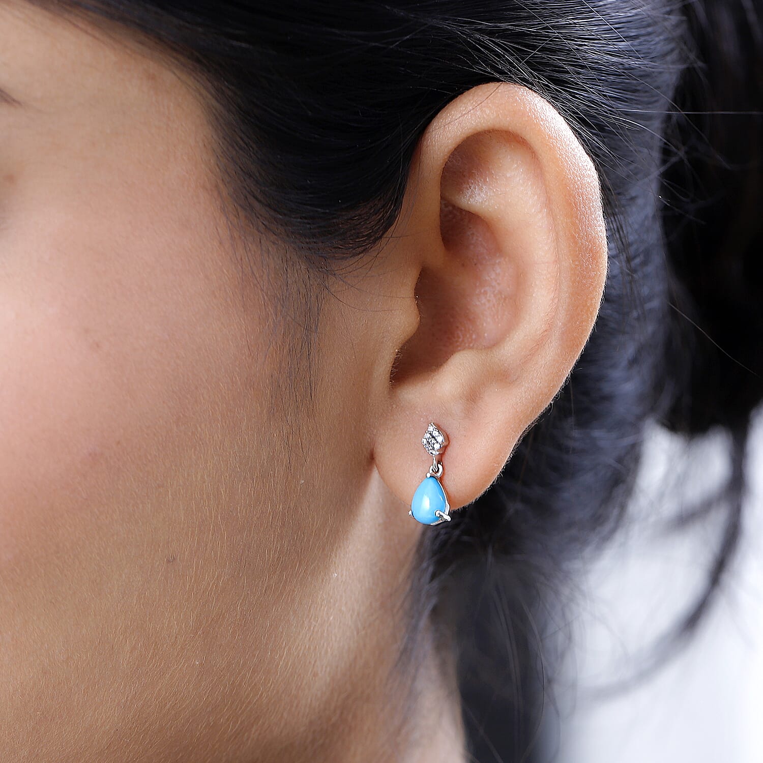 Premium Sleeping Beauty Turquoise and White Zircon Drop Earrings in Platinum Over Sterling Silver 1.35 ctw
