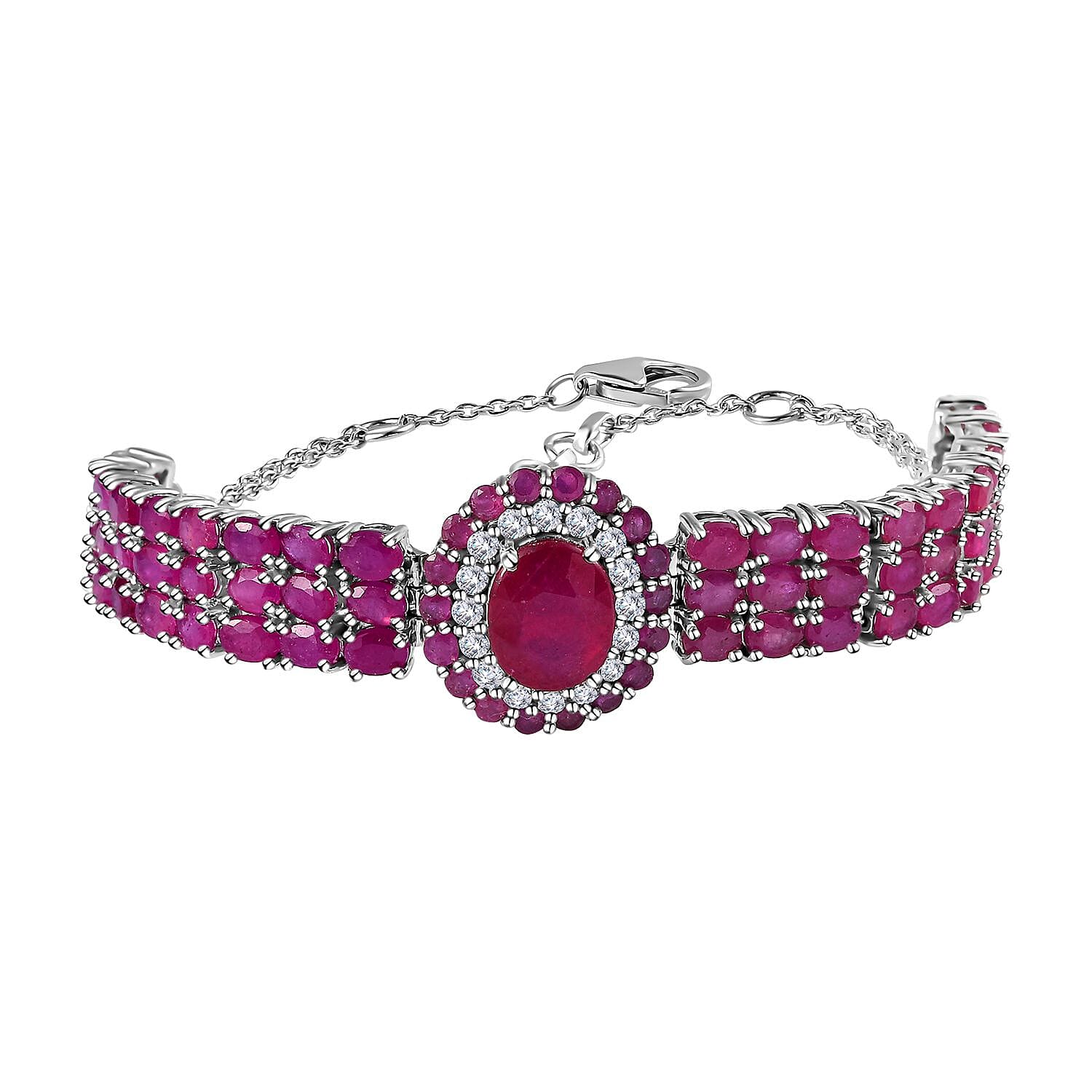 Niassa Ruby (FF) and White Zircon Bracelet in Platinum Over Sterling Silver (7.25 In) 16.10 ctw