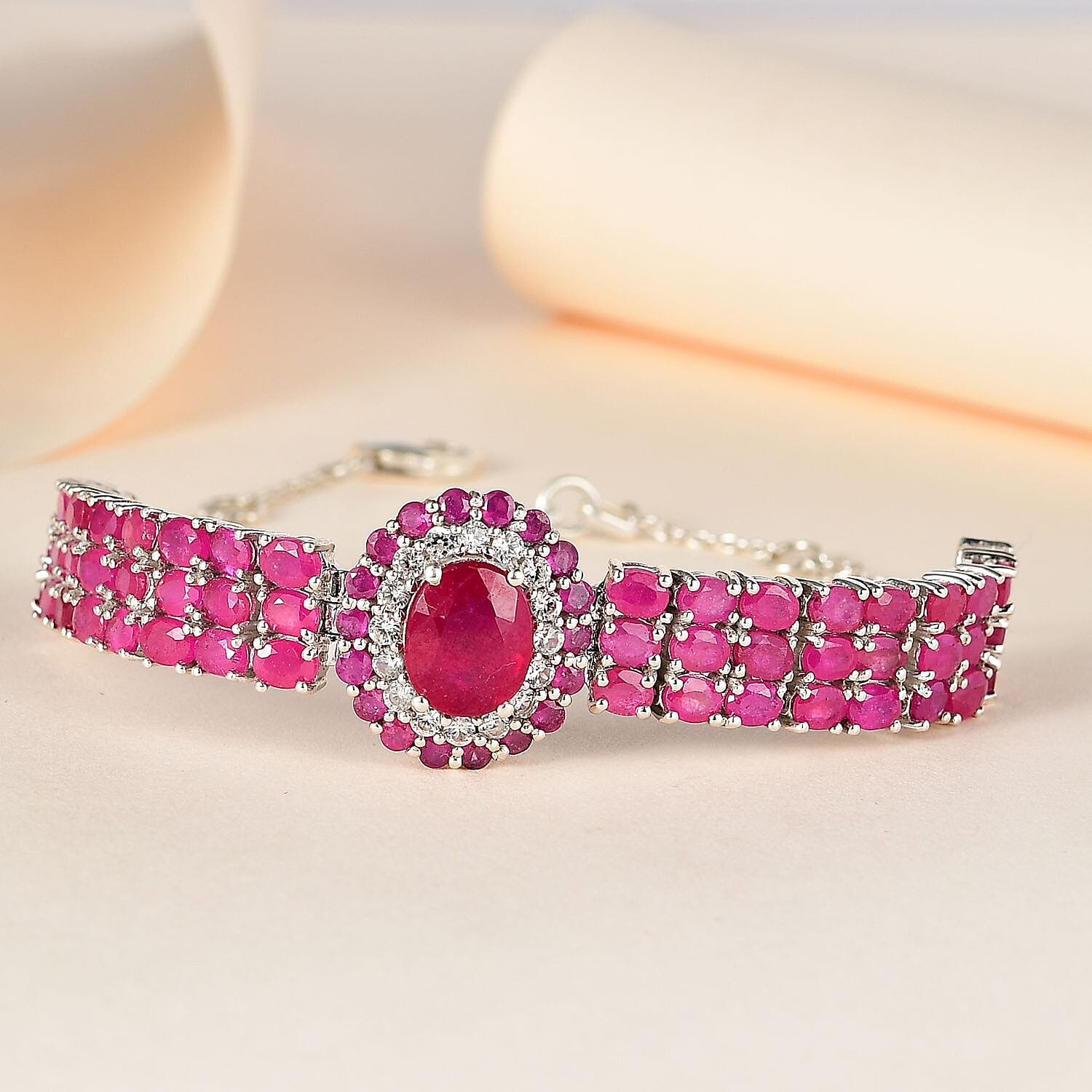 Niassa Ruby (FF) and White Zircon Bracelet in Platinum Over Sterling Silver (7.25 In) 16.10 ctw
