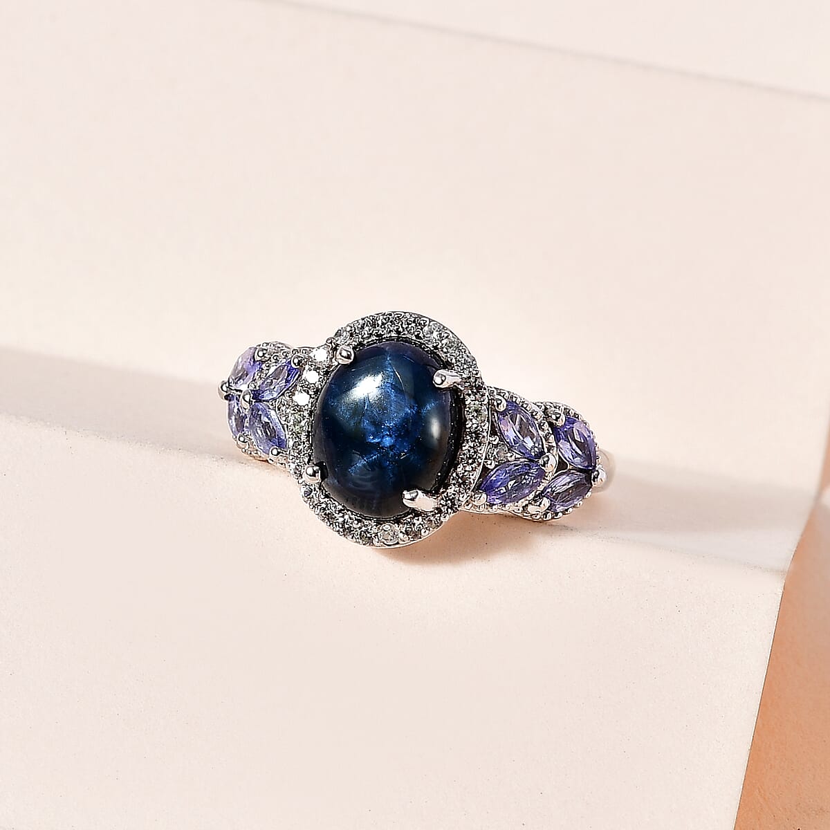 Blue Star Sapphire (DF) and Multi Gemstone Halo Ring in Platinum Over Sterling Silver 5.85 ctw image number 1
