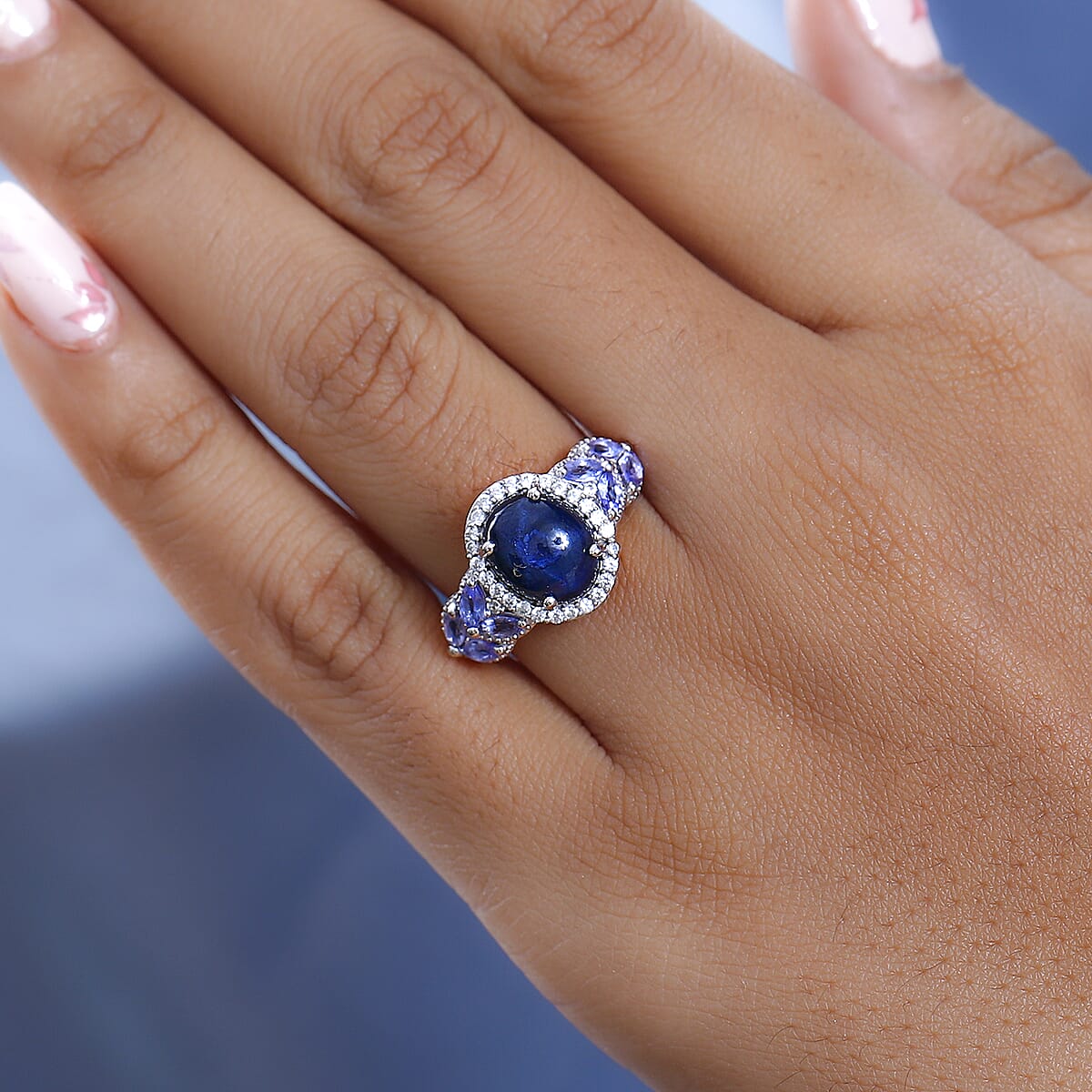 Blue Star Sapphire (DF) and Multi Gemstone Halo Ring in Platinum Over Sterling Silver 5.85 ctw image number 2