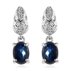 Blue Star Sapphire (DF) and White Zircon Dangle Earrings in Platinum Over Sterling Silver 3.75 ctw