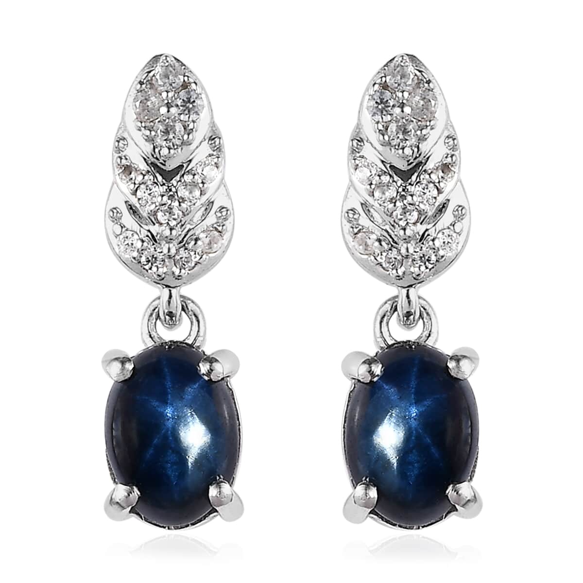 Blue Star Sapphire (DF) and White Zircon Dangle Earrings in Platinum Over Sterling Silver 3.75 ctw image number 0