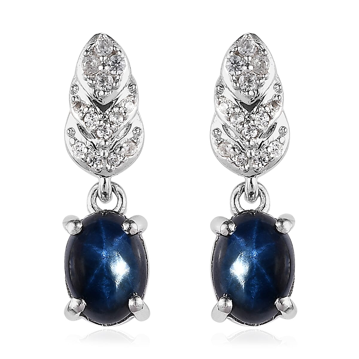 Blue Star Sapphire (DF) and White Zircon Dangle Earrings in Platinum Over Sterling Silver 3.75 ctw image number 0