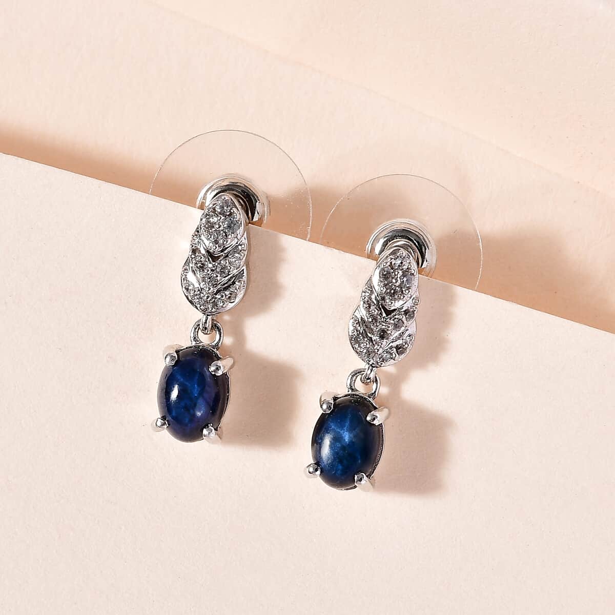 Blue Star Sapphire (DF) and White Zircon Dangle Earrings in Platinum Over Sterling Silver 3.75 ctw image number 1