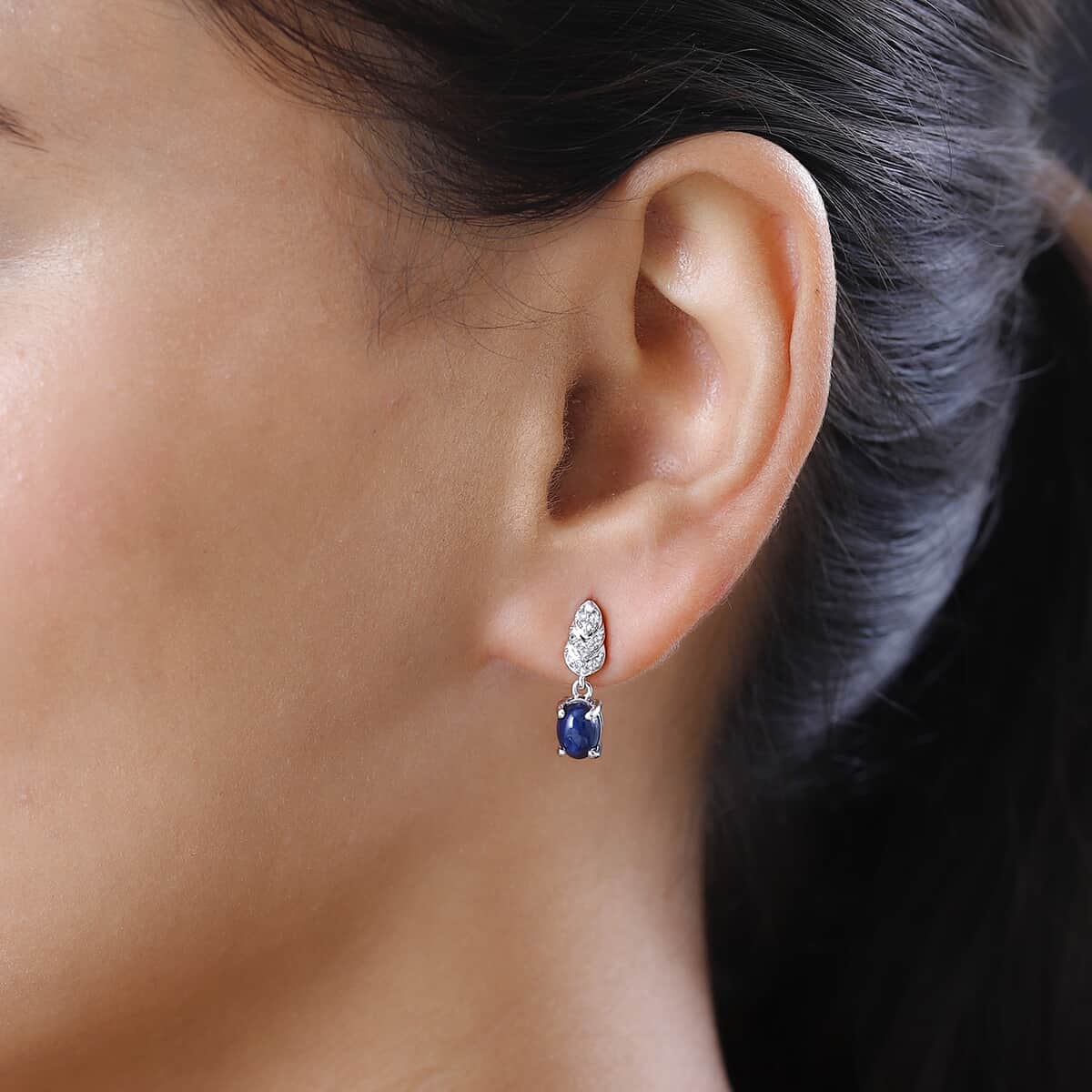 Blue Star Sapphire (DF) and White Zircon Dangle Earrings in Platinum Over Sterling Silver 3.75 ctw image number 2