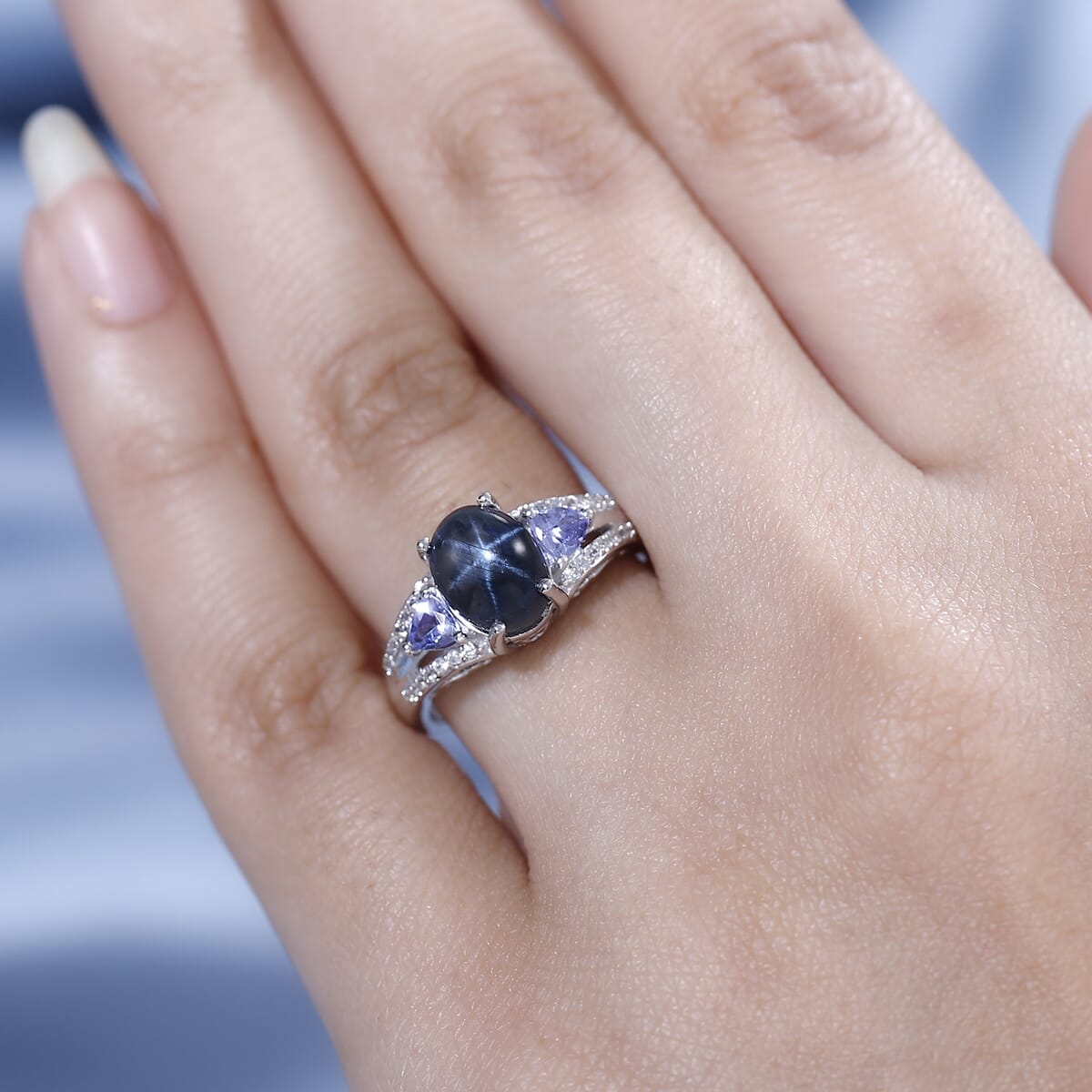 Blue Star Sapphire (DF), Multi Gemstone Ring in Platinum Over Sterling Silver 3.75 ctw image number 2