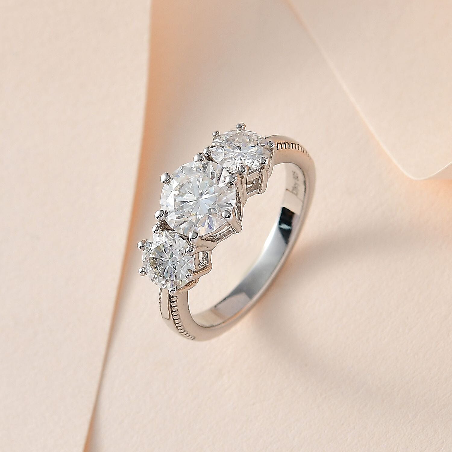 Moissanite 1.75 ctw 3 Stone Ring in Platinum Over Sterling Silver (Size 10.0)