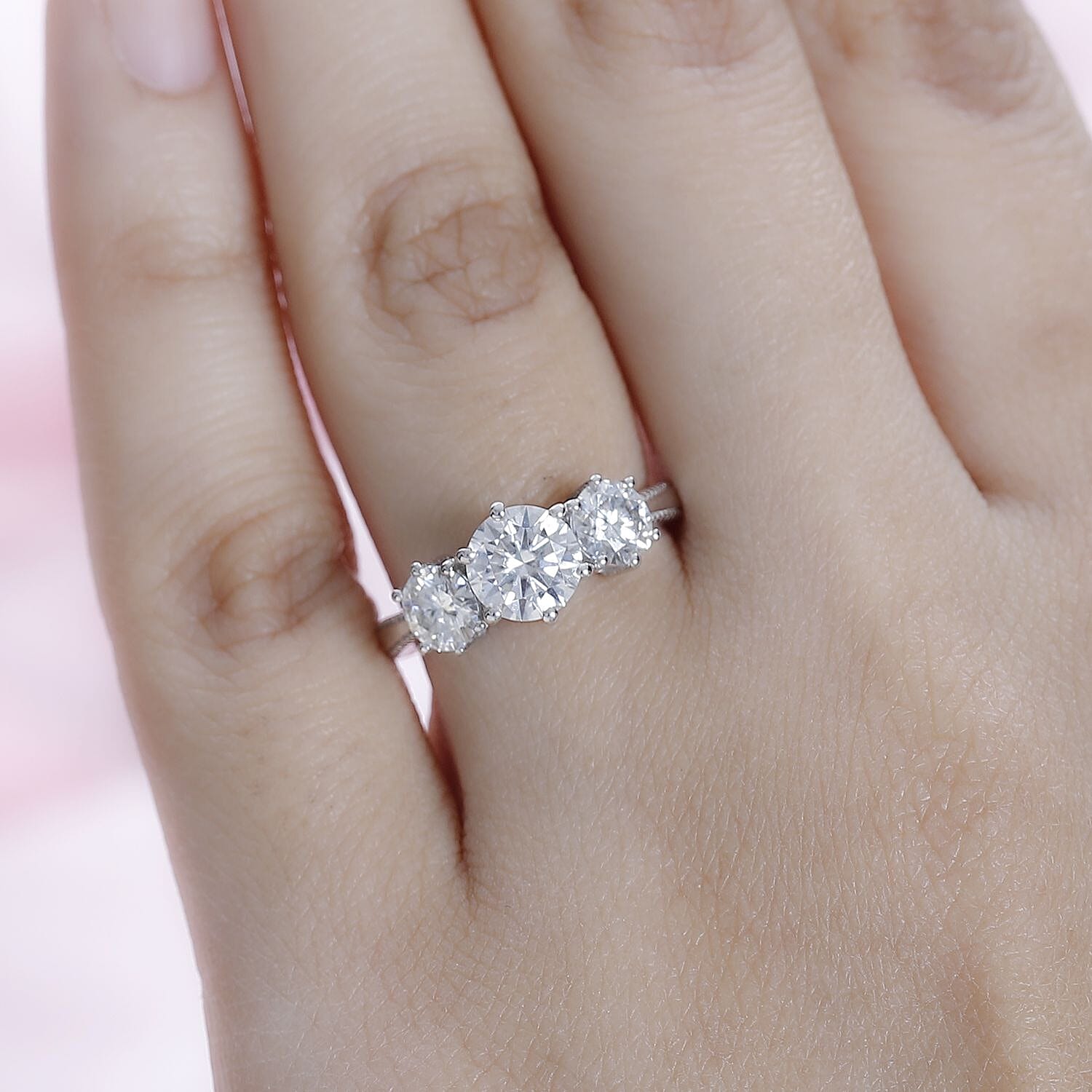 Moissanite 1.75 ctw 3 Stone Ring in Platinum Over Sterling Silver (Size 10.0)