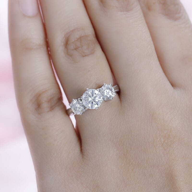 Moissanite 1.75 ctw 3 Stone Ring in Platinum Over Sterling Silver (Size 10.0)