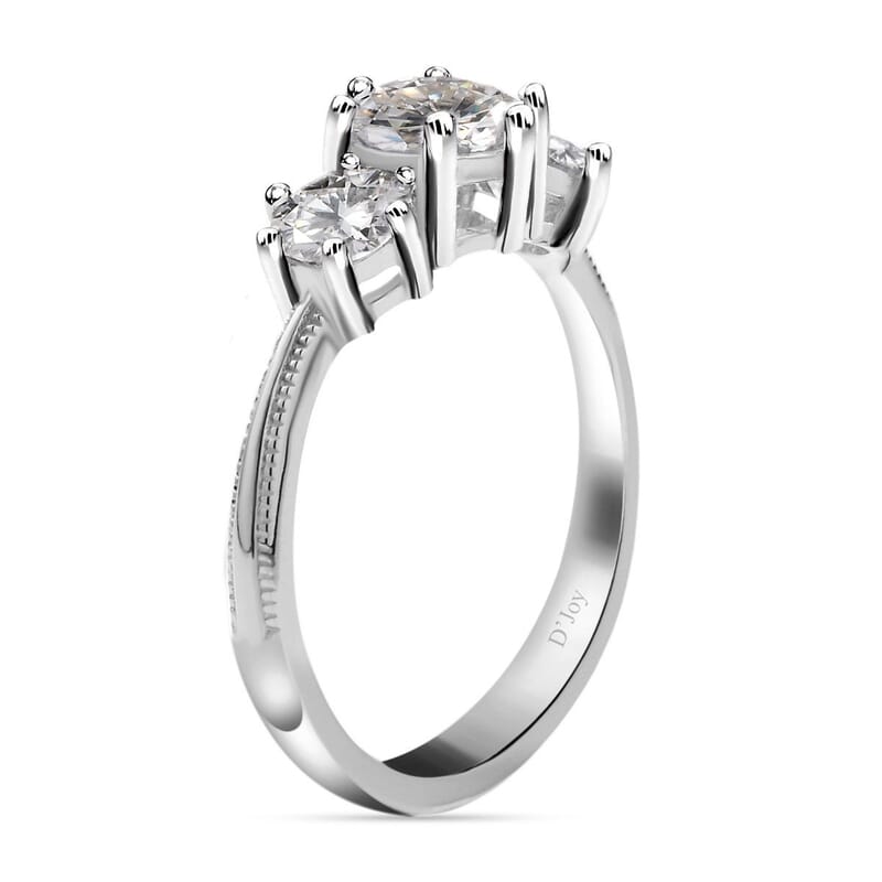 Moissanite 1.75 ctw 3 Stone Ring in Platinum Over Sterling Silver (Size 10.0)