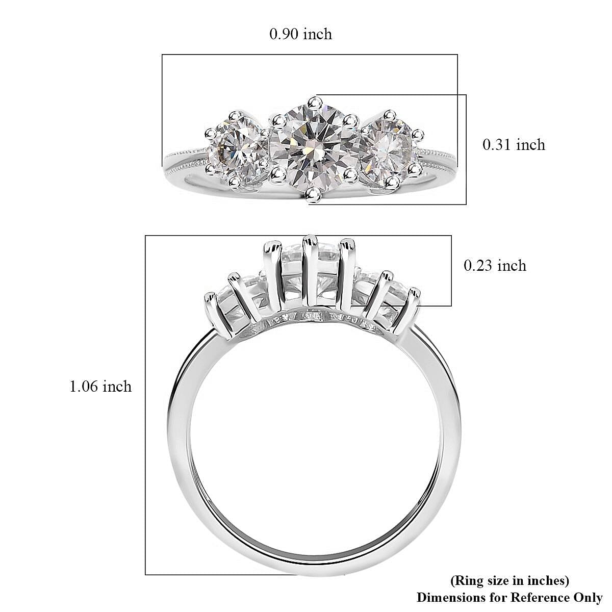 Moissanite 1.75 ctw 3 Stone Ring in Platinum Over Sterling Silver (Size 10.0)