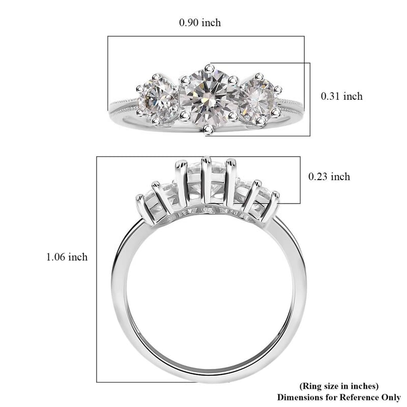 Moissanite 1.75 ctw 3 Stone Ring in Platinum Over Sterling Silver (Size 10.0)