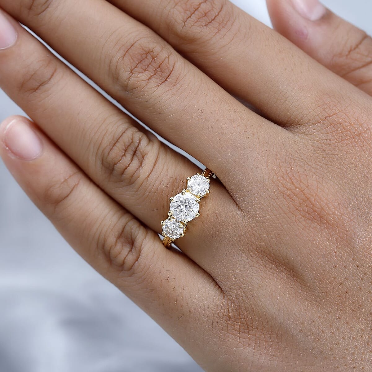 Moissanite 3 Stone Ring in Vermeil Yellow Gold Over Sterling Silver (Size 8.0) 1.75 ctw image number 2