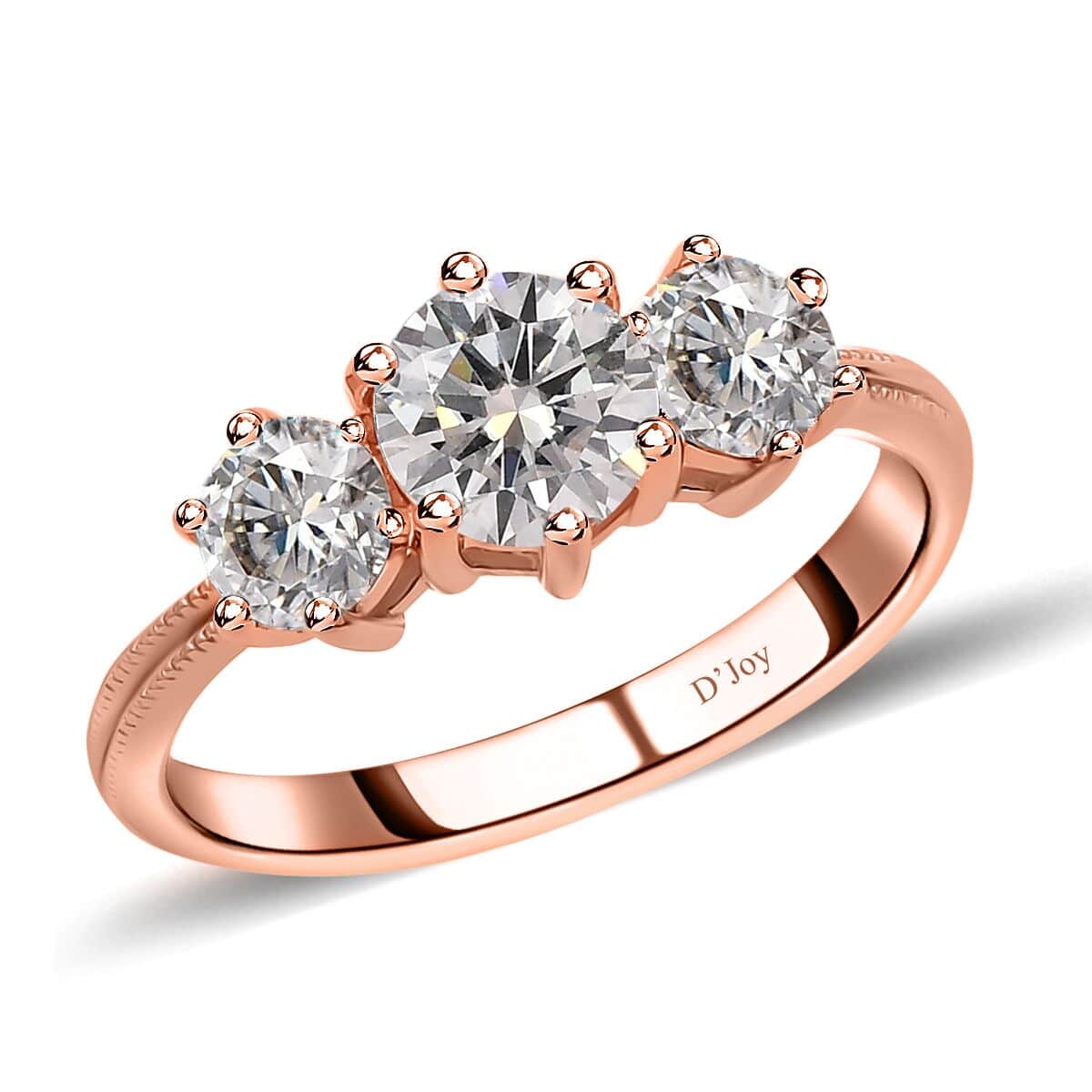 Moissanite 1.75 ctw 3 Stone Ring in Vermeil Rose Gold Over Sterling Silver (Size 8.0) image number 0