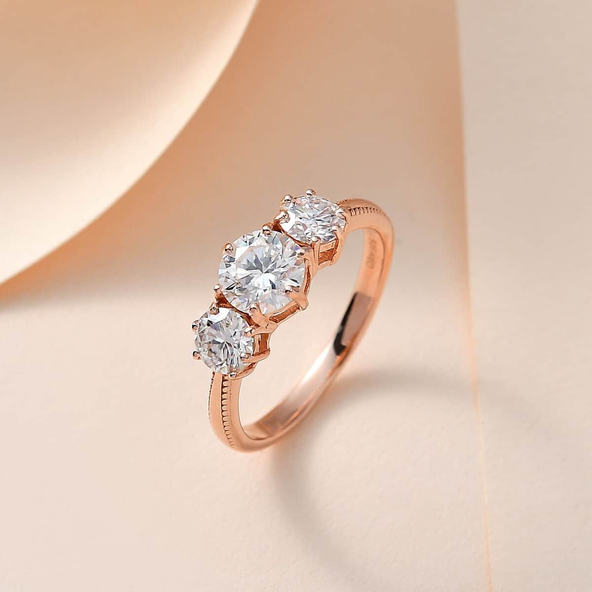 Moissanite 1.75 ctw 3 Stone Ring in Vermeil Rose Gold Over Sterling Silver (Size 8.0) image number 1