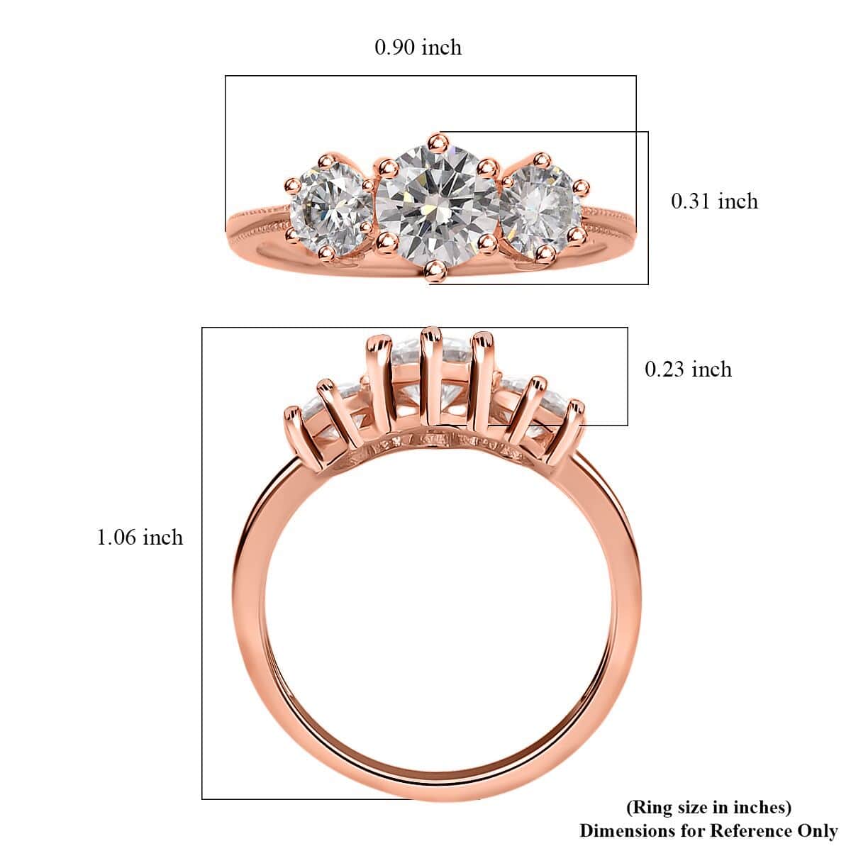 Moissanite 1.75 ctw 3 Stone Ring in Vermeil Rose Gold Over Sterling Silver (Size 8.0) image number 5