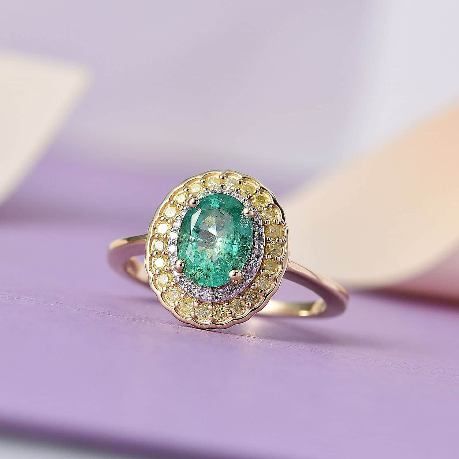 Luxoro 10K Yellow Gold AAA Kagem Zambian Emerald, I2-I3 Natural Yellow and White Diamond Double Halo Ring (Size 10.0) 1.50 ctw