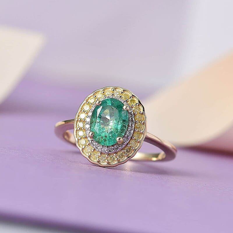 Luxoro 10K Yellow Gold AAA Kagem Zambian Emerald, I2-I3 Natural Yellow and White Diamond Double Halo Ring (Size 11.0) 1.50 ctw