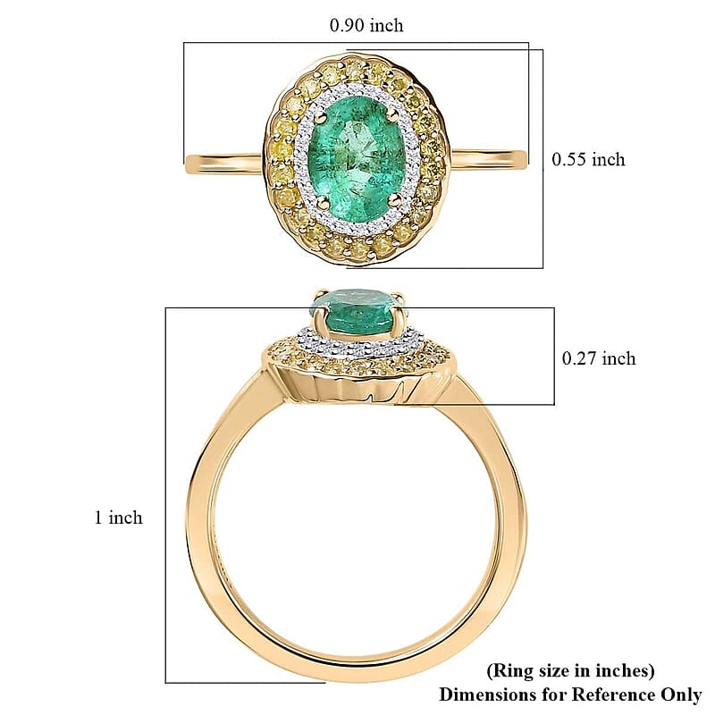 Luxoro 10K Yellow Gold AAA Kagem Zambian Emerald, I2-I3 Natural Yellow and White Diamond Double Halo Ring (Size 11.0) 1.50 ctw