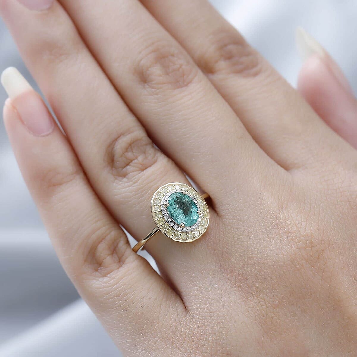 Luxoro 10K Yellow Gold AAA Kagem Zambian Emerald, I2-I3 Natural Yellow and White Diamond Double Halo Ring (Size 6.0) 1.50 ctw image number 2