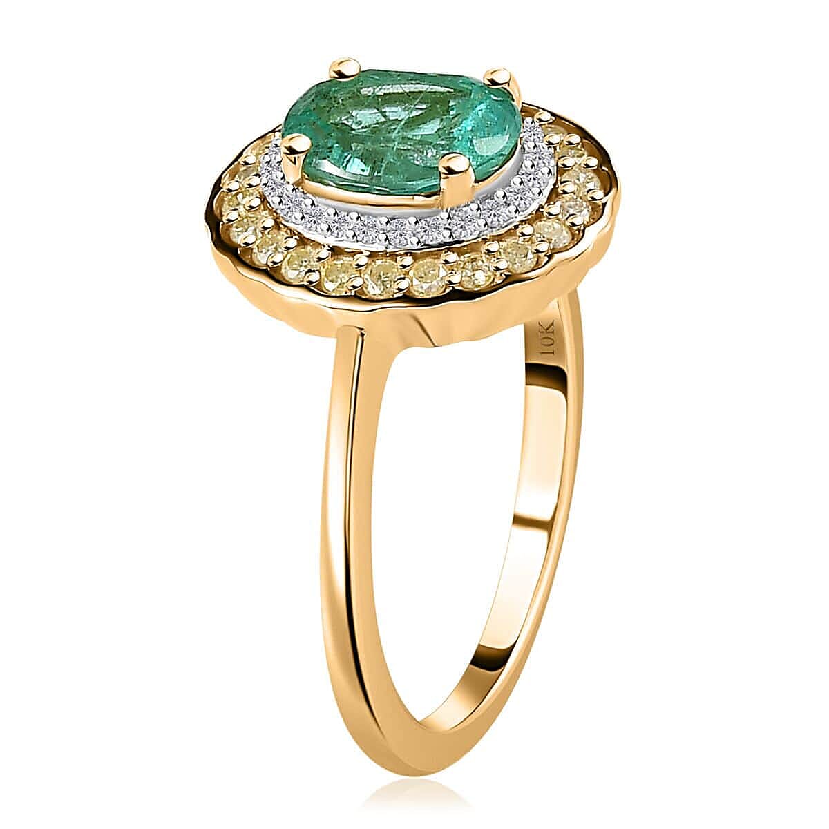 Luxoro 10K Yellow Gold AAA Kagem Zambian Emerald, I2-I3 Natural Yellow and White Diamond Double Halo Ring (Size 6.0) 1.50 ctw image number 3