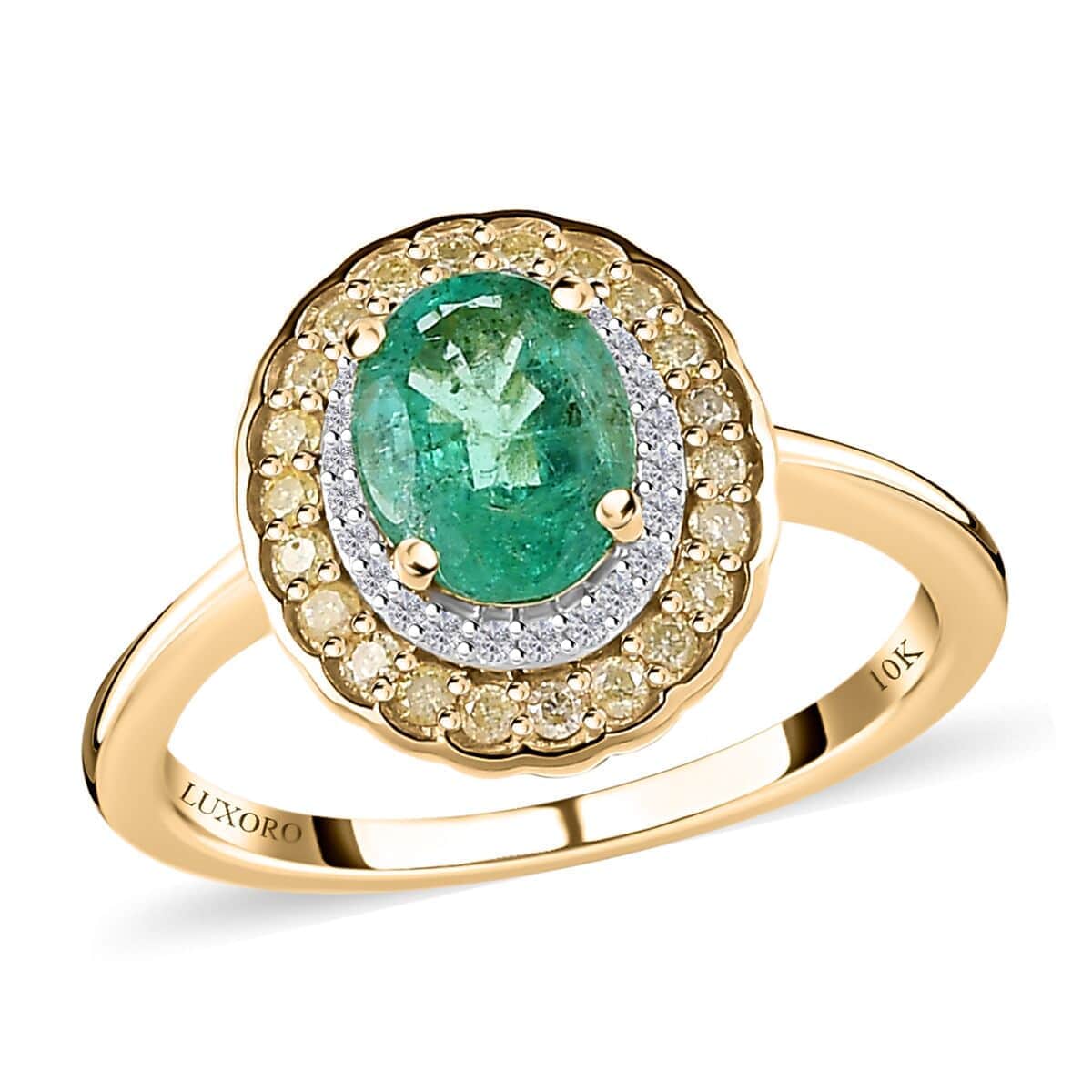 Luxoro 10K Yellow Gold AAA Kagem Zambian Emerald, I2-I3 Natural Yellow and White Diamond Double Halo Ring (Size 7.0) 1.50 ctw image number 0