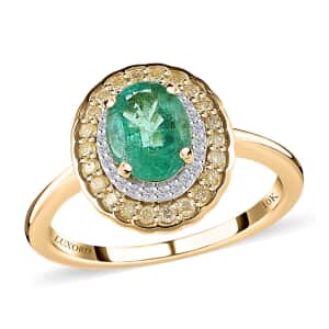 Luxoro 10K Yellow Gold AAA Kagem Zambian Emerald, I2-I3 Natural Yellow and White Diamond Double Halo Ring (Size 8.0) 1.50 ctw