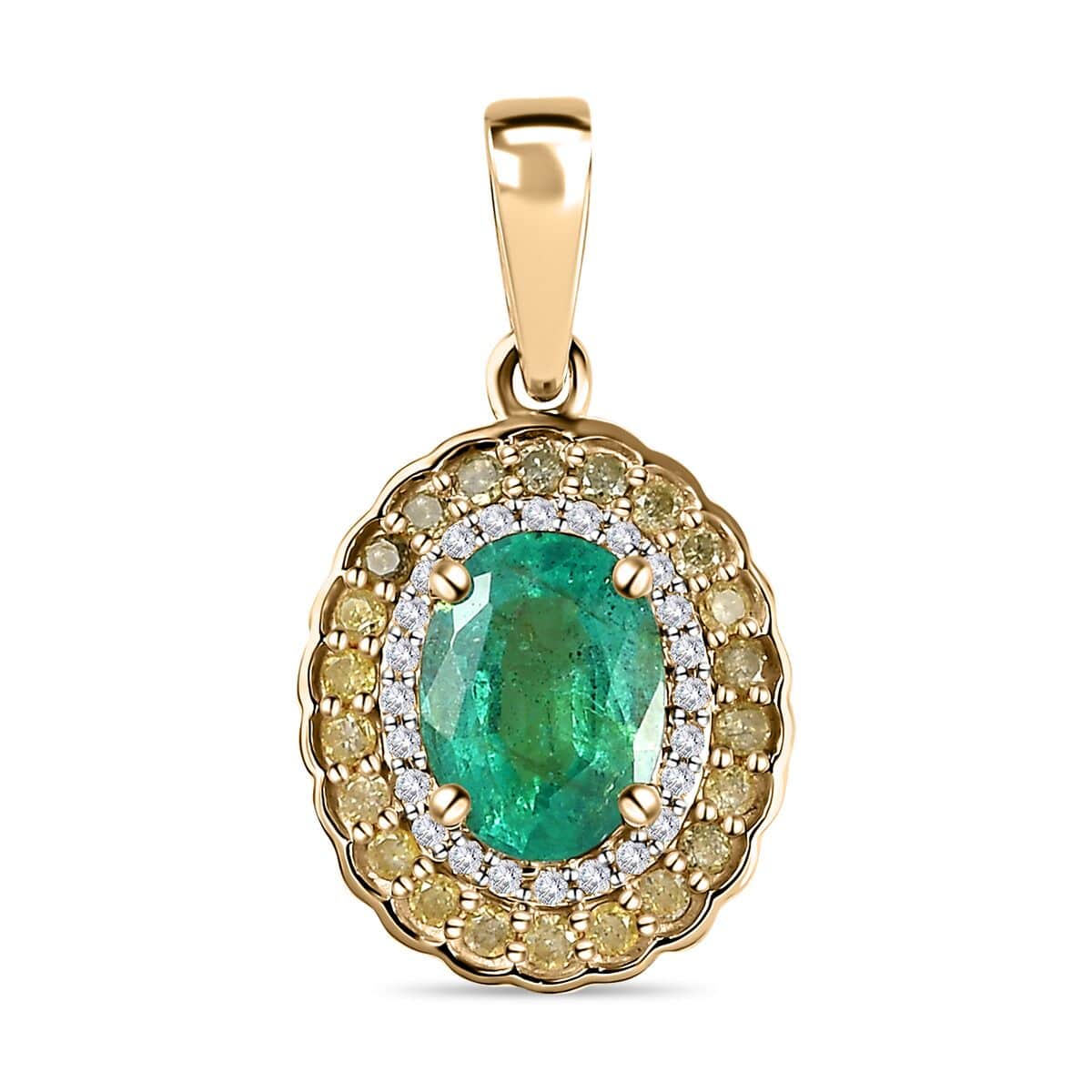 Luxoro 10K Yellow Gold AAA Kagem Zambian Emerald, Natural Yellow and White Diamond I2-I3 Double Halo Pendant 1.60 ctw image number 0