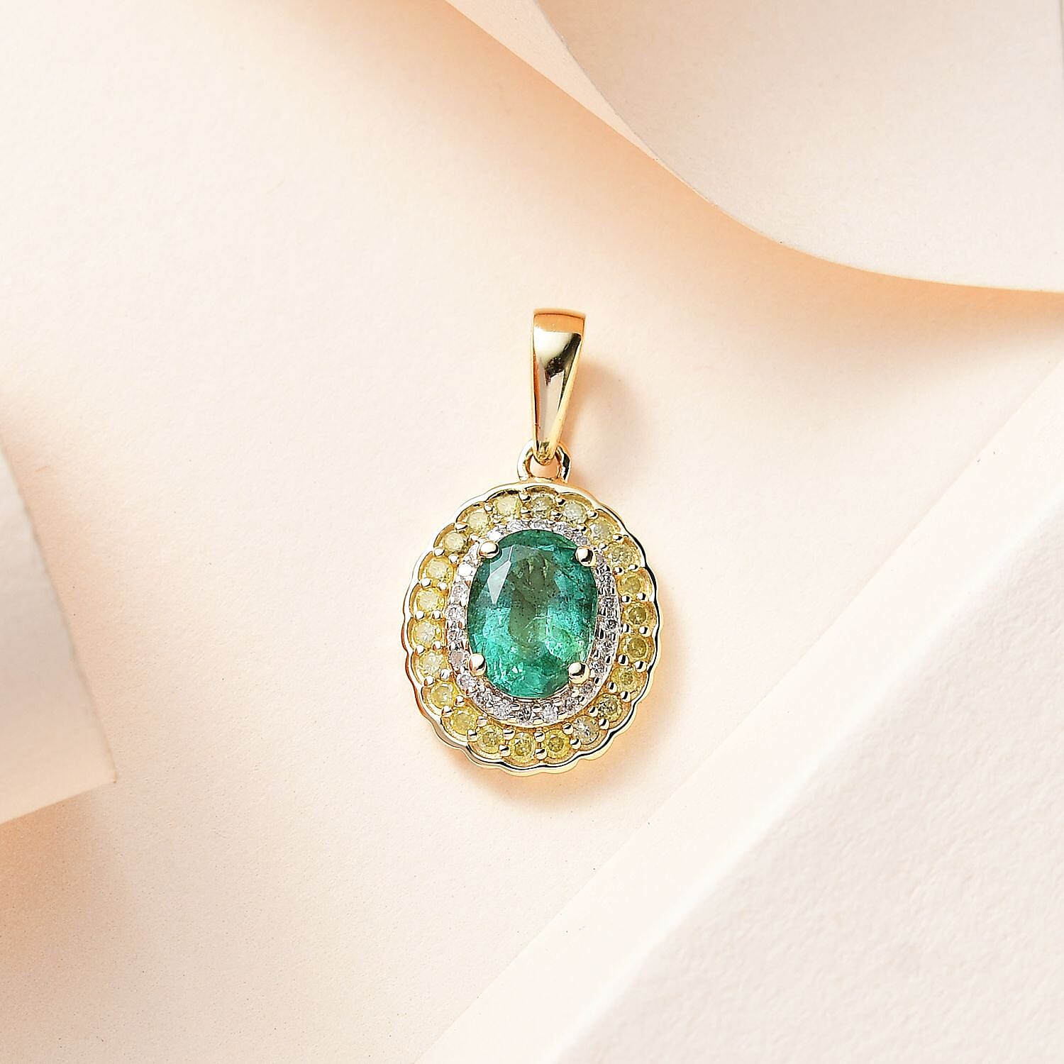 Luxoro 10K Yellow Gold AAA Kagem Zambian Emerald, Natural Yellow and White Diamond I2-I3 Double Halo Pendant without Chain 1.60 ctw