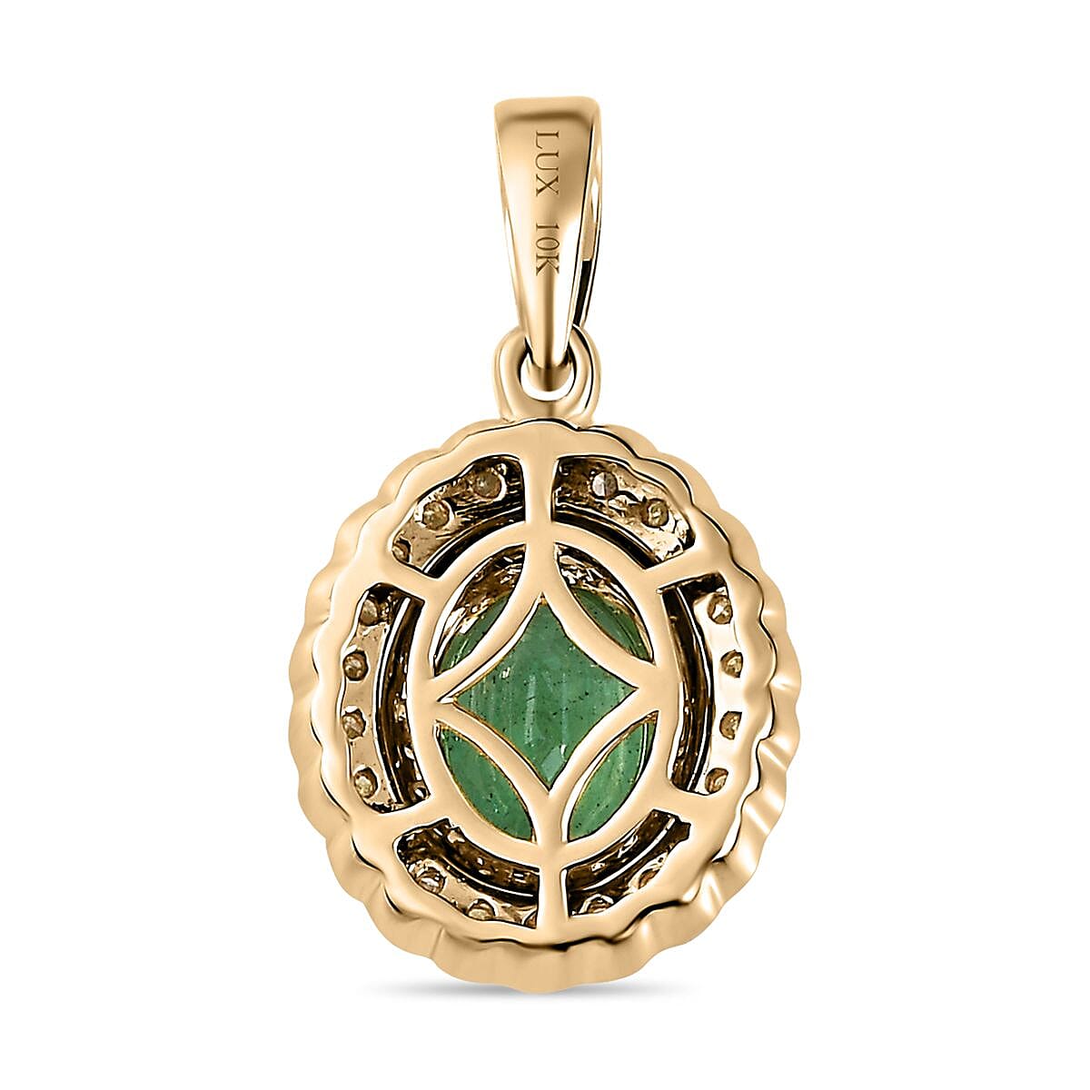 Luxoro 10K Yellow Gold AAA Kagem Zambian Emerald, Natural Yellow and White Diamond I2-I3 Double Halo Pendant without Chain 1.60 ctw