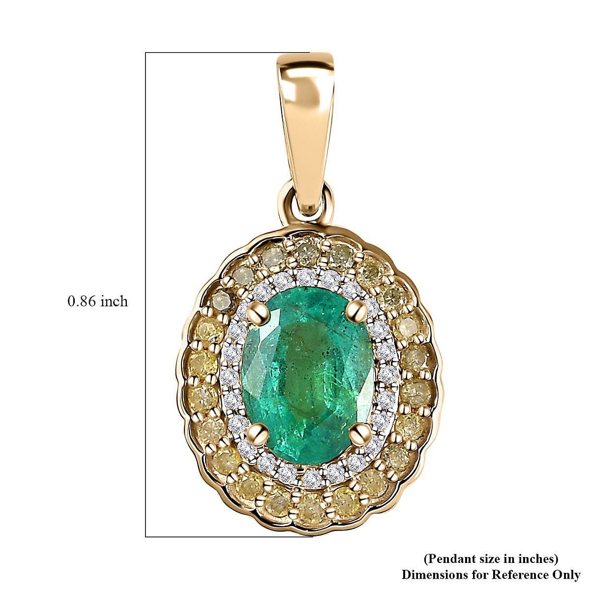 Luxoro 10K Yellow Gold AAA Kagem Zambian Emerald, Natural Yellow and White Diamond I2-I3 Double Halo Pendant without Chain 1.60 ctw