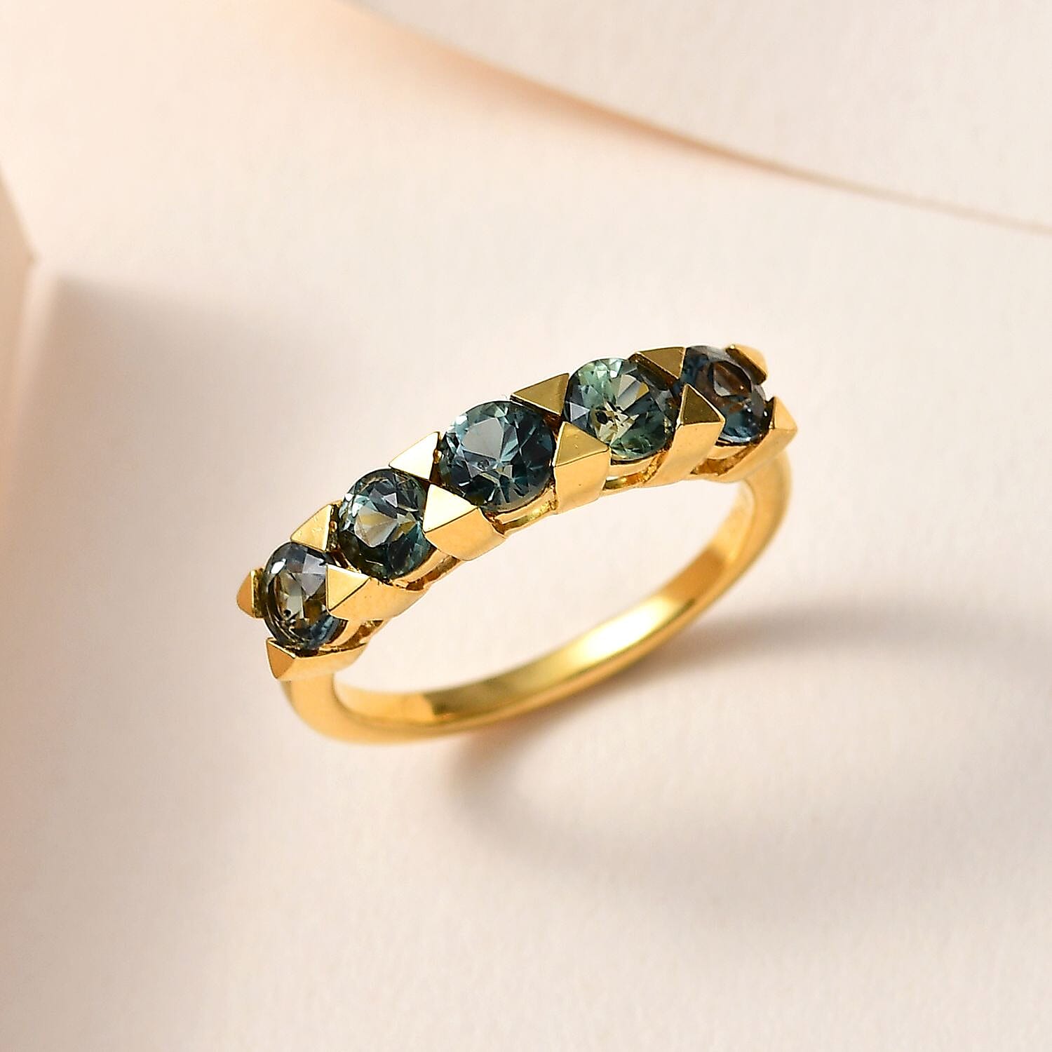 Premium Australian Sapphire 5 Stone Ring in Vermeil YG Over Sterling Silver (Size 10.0) 1.60 ctw